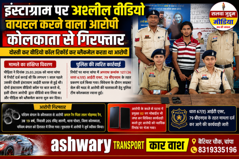 इंस्टाग्राम पर अश्लील वीडियो वायरल कर ब्लैकमेल करने वाला आरोपी कोलकाता से गिरफ्तार, चांपा पुलिस की साइबर टीम की बड़ी कार्रवाई